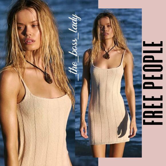 Free People mini dress knit ribbed boho cotton bodycon beach summer spring Large - Picture 1 of 8